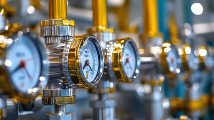 close-up of refinery equipment with detailed valves and pressure gauges