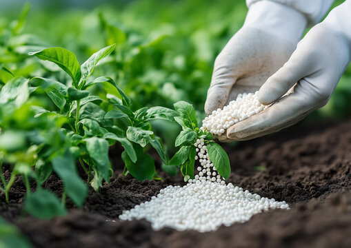  a hand in protective gloves evenly distributes white urea granules over the beds, preparing the soil for harvest. The urea dissolves in the soil, promoting faster plant growth
