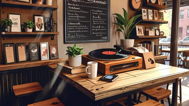 classic vinyl record player in coffee shop, anime style. seamless looping 4k video background animation