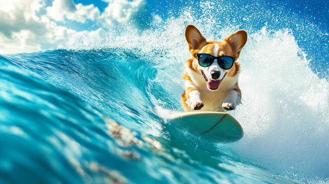 Happy corgi dog wearing sunglasses surfing at speed on a surfboard in the ocean catching the wave on sunny day. Holidays, travel, surf club, summer vacation, special offer, sale. Copy space