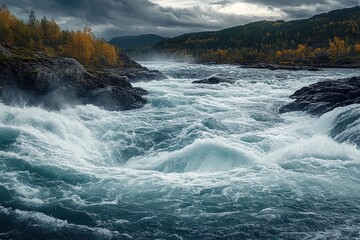 Obraz premium Powerful river rapid flowing through forest landscape