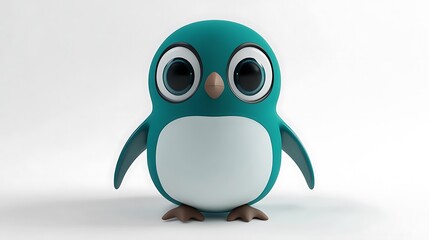 Obraz premium Cheerful Teal Cartoon Penguin Sliding in 3D Style on White Background with Blender Rendering - Cute High-Resolution Full-Body Shot