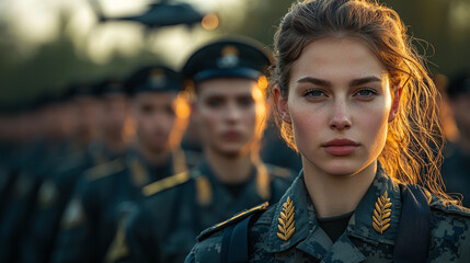 Obraz premium A young woman in military uniform stands at attention.