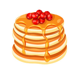 Delicious pancakes with fresh cranberries in a cartoon style. Vector illustration of fresh and fluffy pancakes drizzled with syrup or honey and cranberries isolated on a white background. Breakfast.