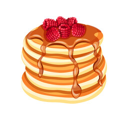 Delicious pancakes with sweet raspberries in a cartoon style. Vector illustration of fresh and fluffy pancakes covered with syrup or chocolate and raspberries isolated on a white background.Breakfast.