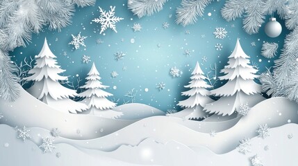 Obraz premium Christmas and New Year paper cutting card: winter Christmas landscape in white and blue tones