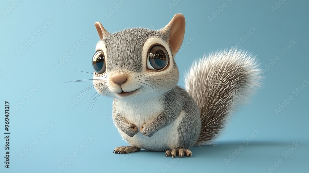 Poster adorable 3d cartoon squirrel climbing on blue background - cute and agile animal character with blen