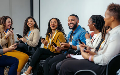 A group of diverse young professionals are laughing and smiling as they look at their phones during a conference or meeting. They are all wearing name badges and appear to be engaged in conversation.