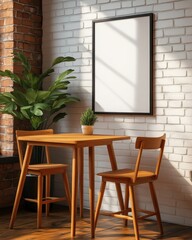 A cozy dining area with wooden furniture, vibrant plant, and an empty frame against a brick wall, perfect for modern decor.