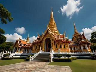 Obraz premium Golden Temple in Thailand with Blue Sky and Clouds