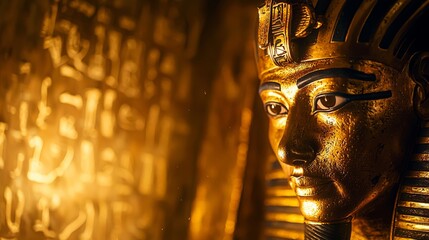 Obraz premium Close-up of an Egyptian pharaoh's golden mask glowing under torchlight with hieroglyphic inscriptions in the background