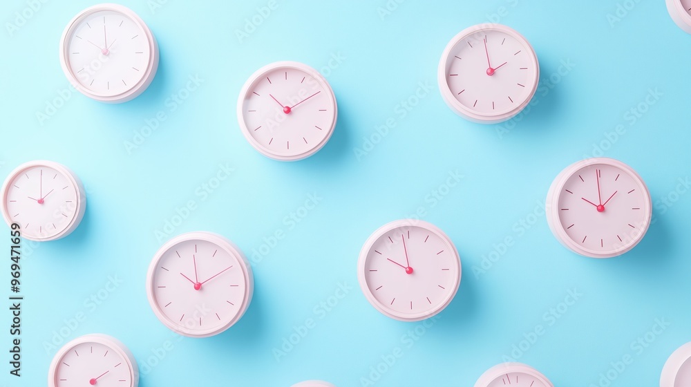Poster numerous white wall clocks arranged on a blue background create a visually striking display of time 