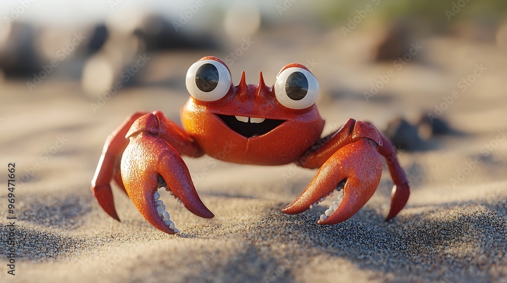 Poster cheerful red cartoon crab on sandy beach - vibrant 3d blender render with playful expression and sim