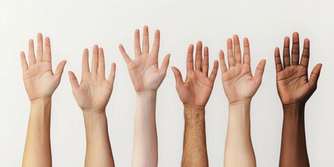 Diverse Hands Raised in Unity Showing a Variety of Skin Tones