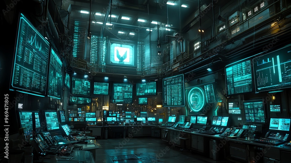 Poster A futuristic control room with many screens displaying data, illuminated with neon blue light.