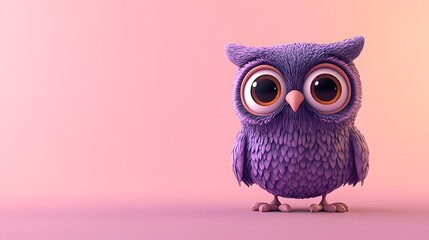 Fototapeta premium Adorable 3D Cartoon Owl - Cheerful Purple Owl with Big Eyes on Pink Background in High Resolution Blender Rendering