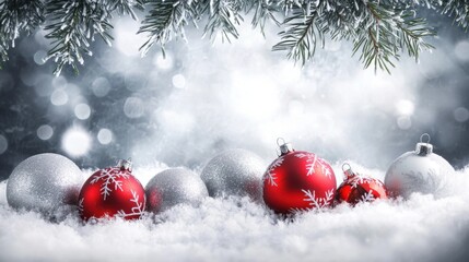Christmas and New Year background: Christmas balls lie on the snow, framed by spruce branches