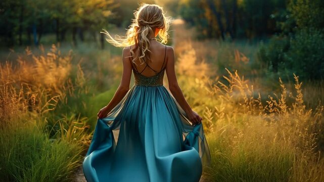 Golden Hour Elegance: A woman in a flowing blue dress walks towards the setting sun, her blonde hair cascading down her back. The warm, golden light illuminates the scene, creating a romantic and ethe