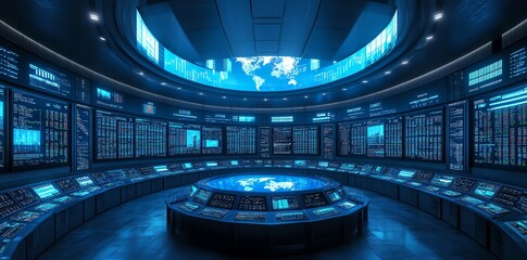A futuristic control room with multiple monitors displaying data and a world map on the ceiling.