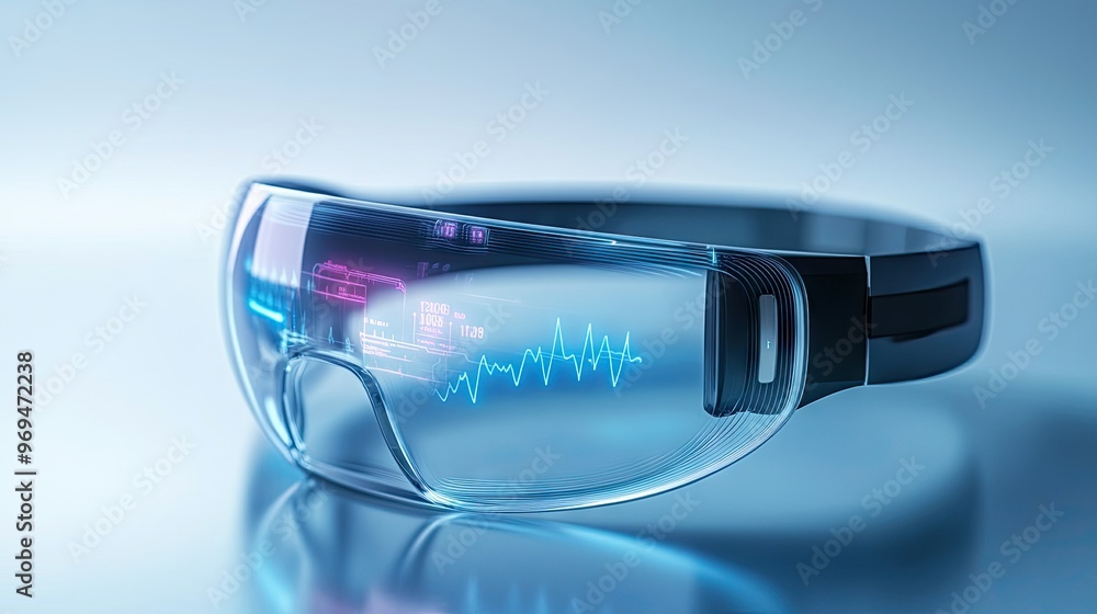 Poster innovative health-tracking headset with eeg sensors, displaying brainwave patterns on a transparent 