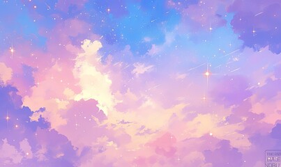 A serene and colorful sky filled with soft clouds and stars, evoking a sense of tranquility.