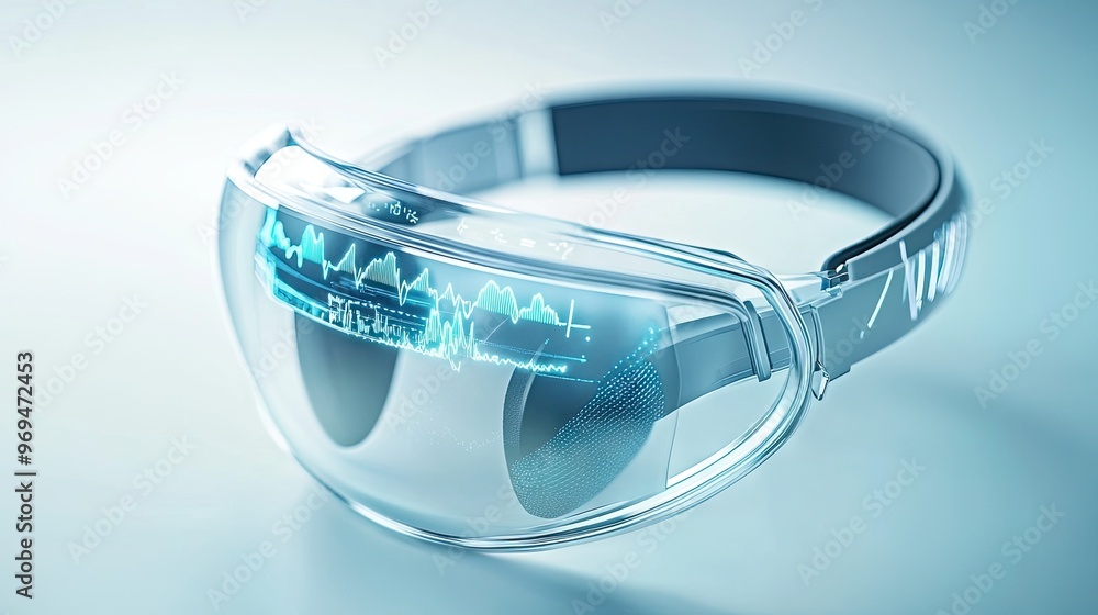 Poster innovative health-tracking headset with eeg sensors, displaying brainwave patterns on a transparent 