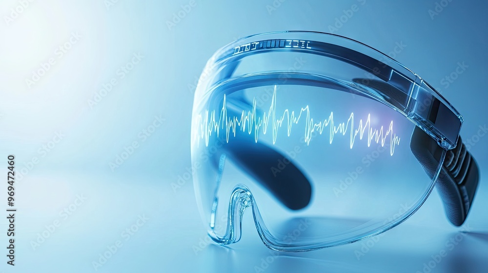 Poster innovative health-tracking headset with eeg sensors, displaying brainwave patterns on a transparent 