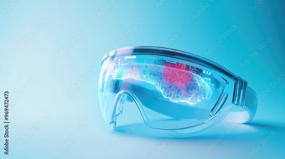 Poster innovative health-tracking headset with eeg sensors, displaying brainwave patterns on a transparent 