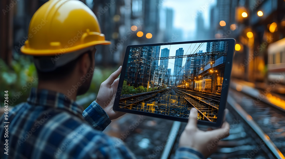 Poster a worker compares a digital image of railway tracks with the real scene around him.