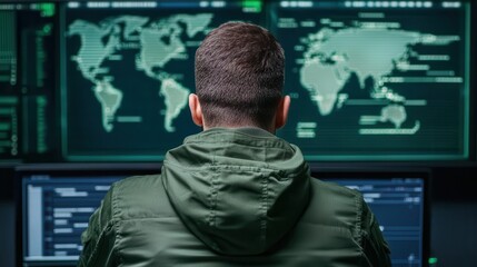 Forensic investigator analyzing suspicious network activity on holographic displays, cyber forensics, network security