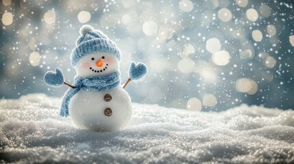 Obraz premium cute smiling snowman in knitted hat, scarf and mittens on snow, christmas card