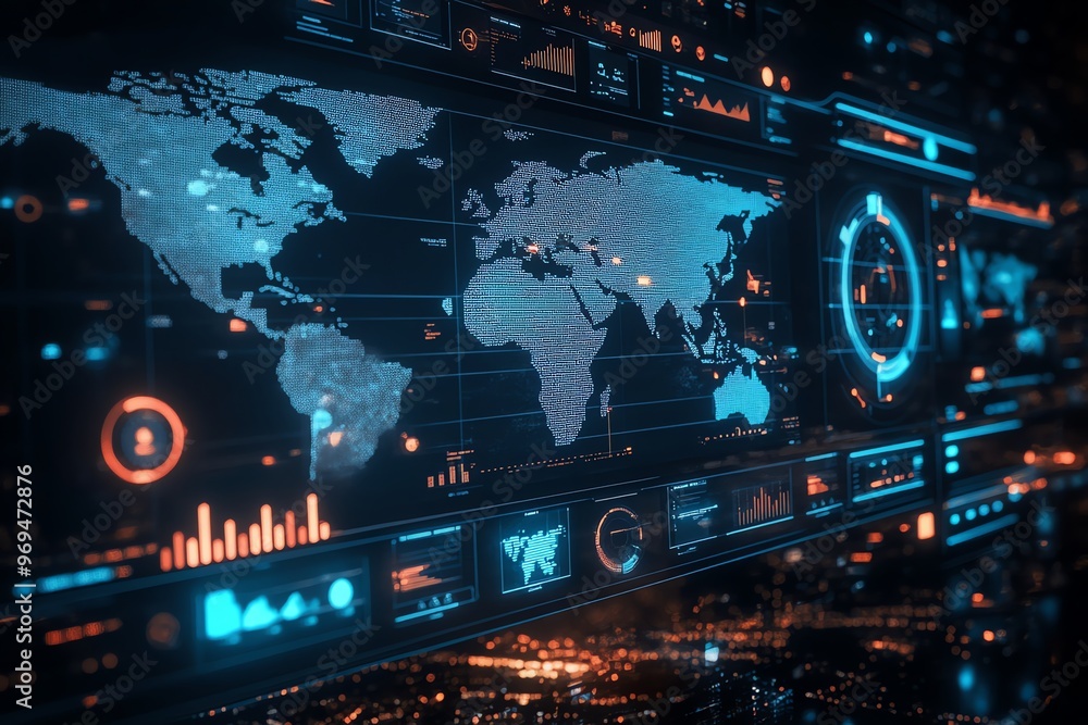 Poster a futuristic digital screen displays a world map, graphs and data.