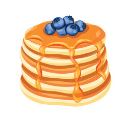 Delicious pancakes with fresh blueberries in a cartoon style. Vector illustration of fresh and fluffy pancakes drizzled with honey and blueberries isolated on a white background. American breakfast.