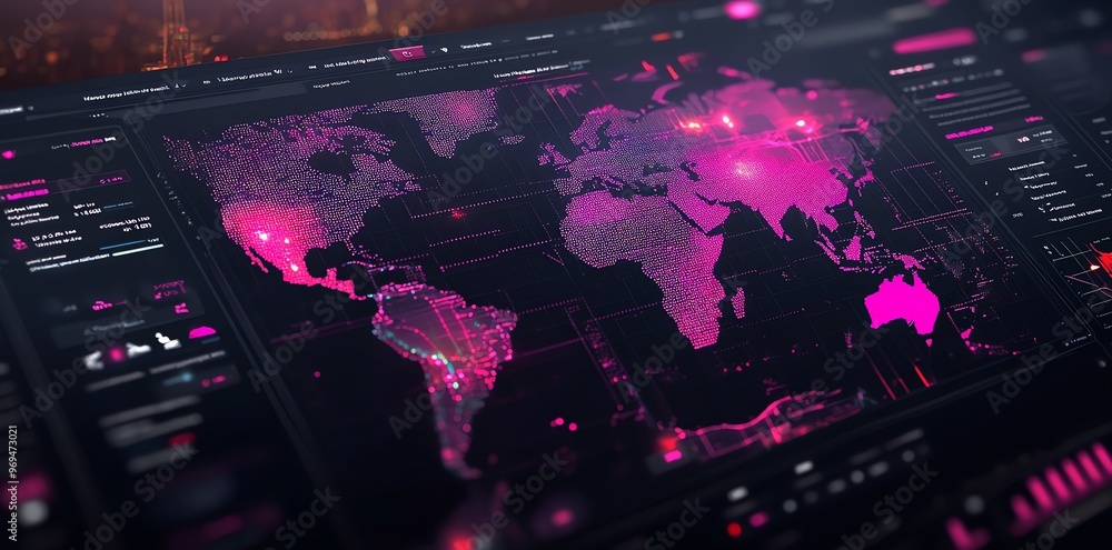 Poster A futuristic digital world map display on a dark background, with a pink hue and data visualizations.