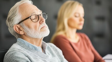 Fototapeta premium Senior couple attending a wellness seminar on improving sleep quality and rest, elderly sleep wellness, rest and recovery