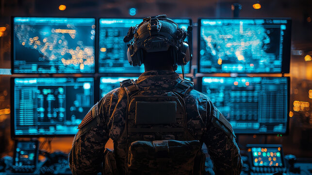 A soldier in uniform sits in front of multiple computer screens displaying data.