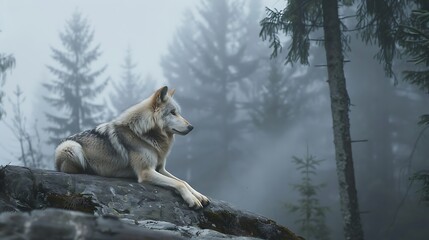 Obraz premium Magnificent grey wolf in a foggy forest relaxing on a rock
