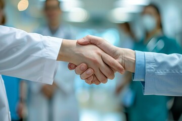 Trust in healthcare: doctors and patient handshake, happy relatives in hospital background