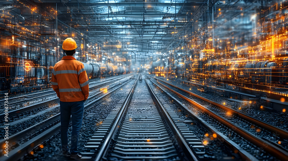 Poster a worker observes a futuristic railway scene with digital elements.