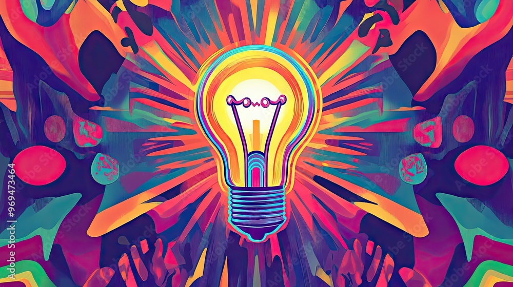 Poster lightbulb glowing in the center of a colorful abstract design, symbolizing innovation and creative e