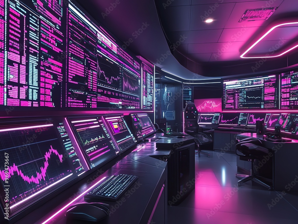 Poster A futuristic control room with multiple computer monitors displaying data and graphs in a pink neon light.