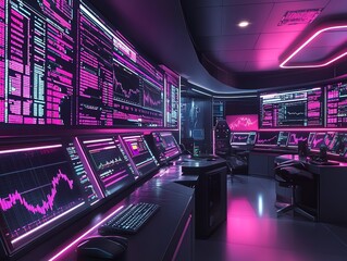 A futuristic control room with multiple computer monitors displaying data and graphs in a pink neon light.