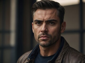 Obraz premium A ruggedly handsome man with a serious expression, wearing a leather jacket, exuding confidence and strength in a stylish indoor setting.