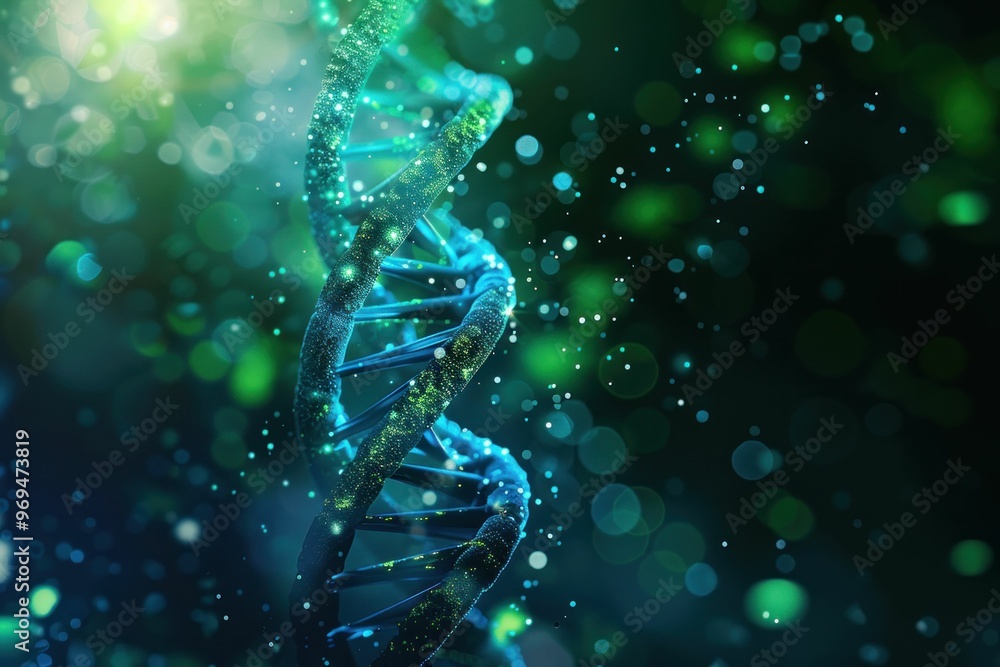 Poster abstract representation of a dna double helix in vibrant green and blue tones, surrounded by sparkli