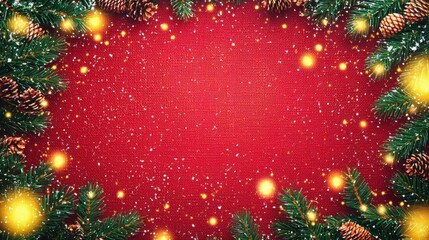 Christmas and New Year background with space for text: fir branches and New Year decorations on a red woven background