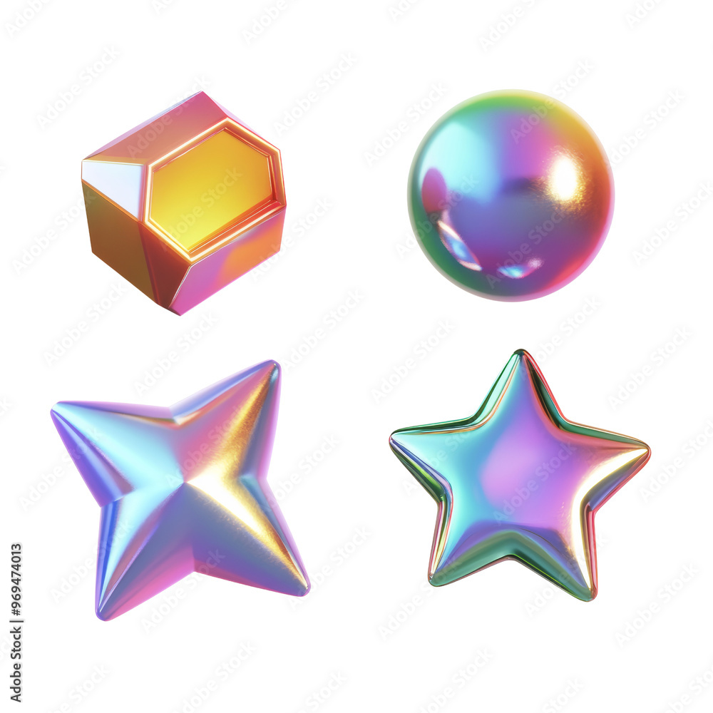 Poster set of abstract star circle shapes holographic iridescent 3d render icon isolated on transparent bac