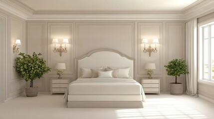 This elegant bedroom showcases a sleek white headboard, soft beige linens, and gentle lighting from lamps, creating a calming atmosphere complemented by plants and a plush white carpet