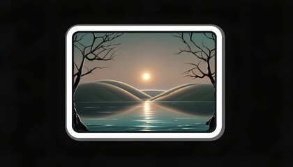 Peaceful sunset over calm water and rolling hills, serene landscape with glowing sun reflecting on still waters, vtranquil scene of sunset between barren trees and smooth hills.