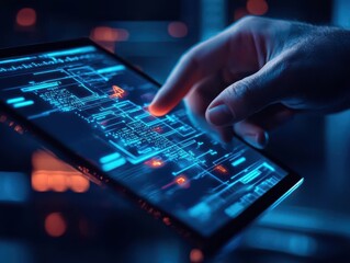 Forensics expert with a holographic tablet investigating a network breach in real-time, forensics, cybersecurity