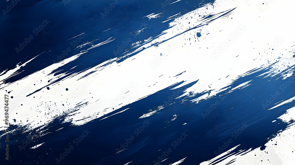 Poster abstract blue and white brush strokes creating a dynamic visual texture.